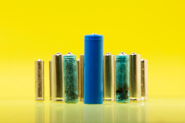 Fototapeta premium Ecology recycling concept, nature energy, many different types, used battery, rechargeable accumulator, alkaline batteries on yellow background.