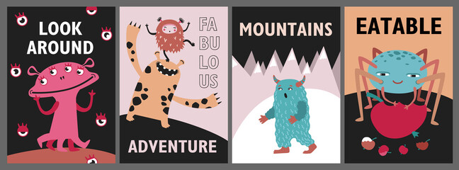 Monsters greeting cards set. Cute funny creatures or beasts vector illustrations with text. Show for kids concept for flyers, leaflets, posters