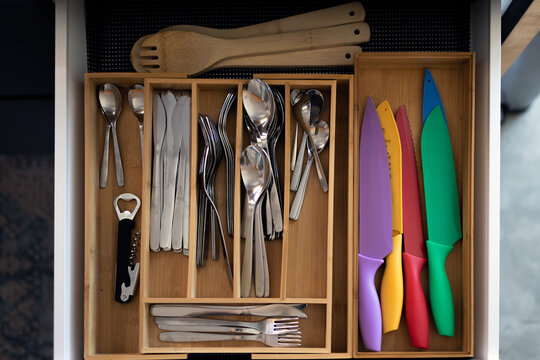 Set of kitchen utensils inside a drawer