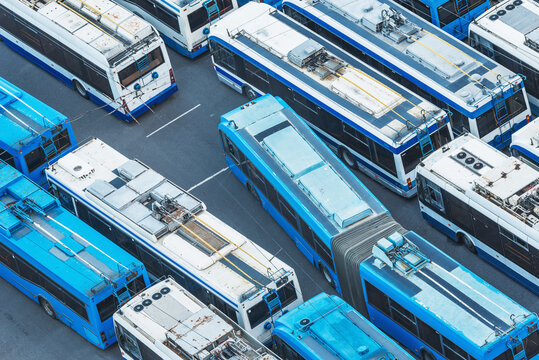 Many old trolleybuses stand on the parking.