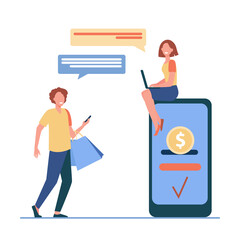 People sending and receiving money online. Man and woman using gadgets for transactions flat vector illustration. Payment system, mobile banking concept for banner, website design or landing web page