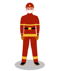 Fireman is standing in medical mask and white background. Concept of covid19. Vector illustration