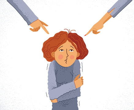 Adult man and woman blames and shames young woman or teenager girl, vector concept of shaming and blaming manipulations by people who have authority and power.