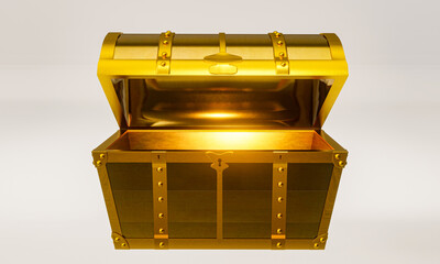 Gold retro antique treasure or treasure chest. Luxuriously expensive chest for holding gold valuables. 3D Rendering.