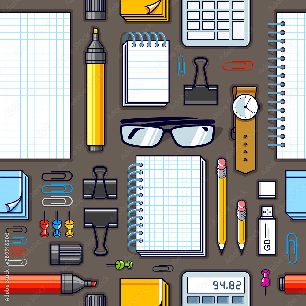 Poster work office desk top view with a lot of different stationery elements seamless vector wallpaper, bus