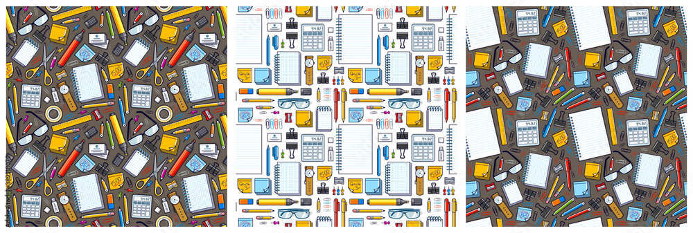 Poster work office desk top view with a lot of different stationery elements seamless vector wallpaper set,