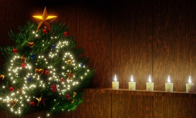 Decorative pine trees for Christmas season, decorative balls and flashing lights, New Year's and Christmas celebrations. Glittering gold light background bokeh Joy. 3D Rendering.