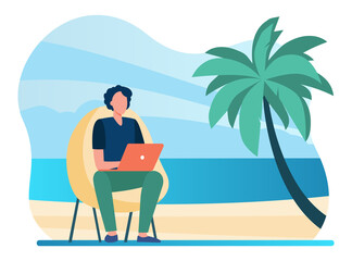 Obraz na płótnie Canvas Man using laptop on tropical beach. Freelancers workplace with armchair outdoors flat vector illustration. Distance or remote working, freelance concept for banner, website design or landing web page