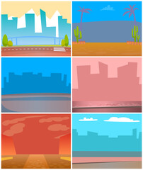 Small towns and big cities vector, silhouettes skylines and cityscapes with haze and smog. Desert with cactus and palms, buildings and skyscrapers. View from bridge or road. Flat cartoon