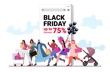 mix race people in protective masks running with shopping bags black friday big sale promotion discount coronavirus quarantine concept full length horizontal banner vector illustration