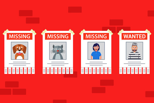 a set of posters for finding people and animals. lost pet poster. wanted person. vector illustration of characters.