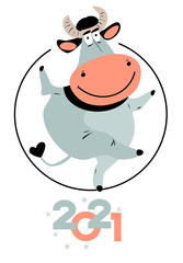 Cartoon funny bull. Postcard. Symbol new year 2021. Christmas illustration template for poster. 
