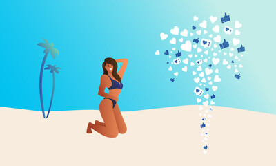 A beautiful slender girl gets a tan on a beach against a background of palm trees. A woman in a swimsuit looks at the fountain from the heart symbol. 