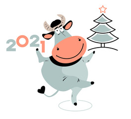 Cartoon funny bull. Postcard. Symbol new year 2021. Christmas illustration template for poster. 