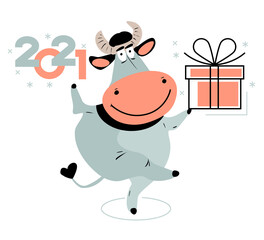Cartoon funny bull. Postcard. Symbol new year 2021. Christmas illustration template for poster. 