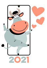 Cartoon funny bull. Postcard. Symbol new year 2021. Christmas illustration template for poster. 