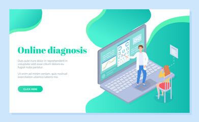 Landing page of medical site for online diagnostics. Woman sits on chair and optometrist shows sign for eye examination. Landolt Rings C, glasses icon, text messages on large cartoon laptop screen