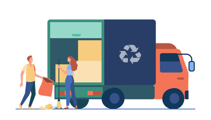 People loading garbage into truck. Trash pickup with recycling sign flat vector illustration. Garbage disposal, volunteering, trash collection concept for banner, website design or landing web page © PCH.Vector