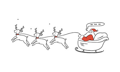 Happy Santa Claus flying in sleigh with reindeers, Christmas greeting card, holiday concept, hand-drawn line art style vector illustration.