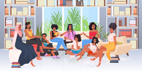 Fototapeta premium african american women discussing during meeting in conference area female empowerment movement girl power union of feminists concept horizontal full length vector illustration