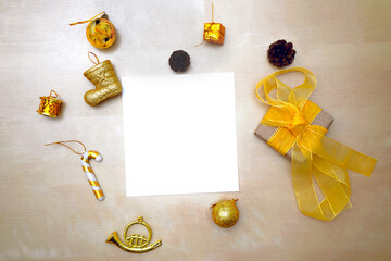 Christmas composition. Gifts, red decorations on wooden background. Christmas, winter, new year concept. Flat lay, top view, copy space