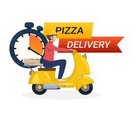 Pizza delivery banner. Online food delivery service, online order tracking, delivery home and office. Scooter delivery isolated on white.