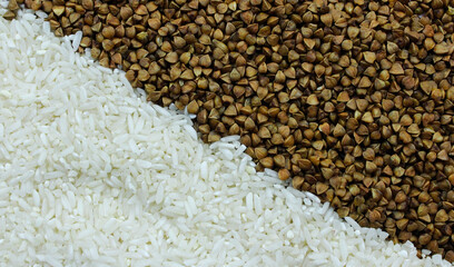 Background of white rice and brown buckwheat