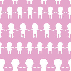 Pink dolls holding hands. Seamless repeat vector pattern. 