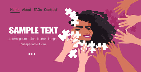 mix race hands assembling jigsaw puzzle with african american woman profile avatar beautiful girl face copy space horizontal vector illustration