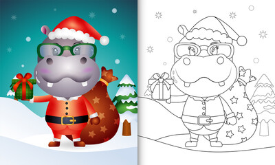 coloring book with a cute hippo using santa clause costume