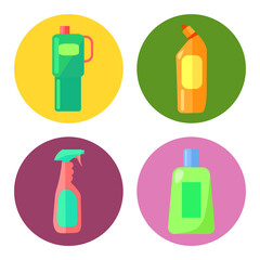 Set of multi-colored plastic containers for cleaning house. Plastic bottles and containers in circles. Logo, infographic for the site. Get rid of house germs, wet cleaning. Flat vector image on white