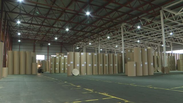 Warehouse of a cardboard and paper factory. Recycling of paper waste. Equipment at the paper processing plant.