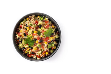 Mexican salad with quinoa in bowl isolated on white background. Top view. Copy space	