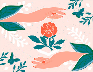 Female hands protect rose bud flower