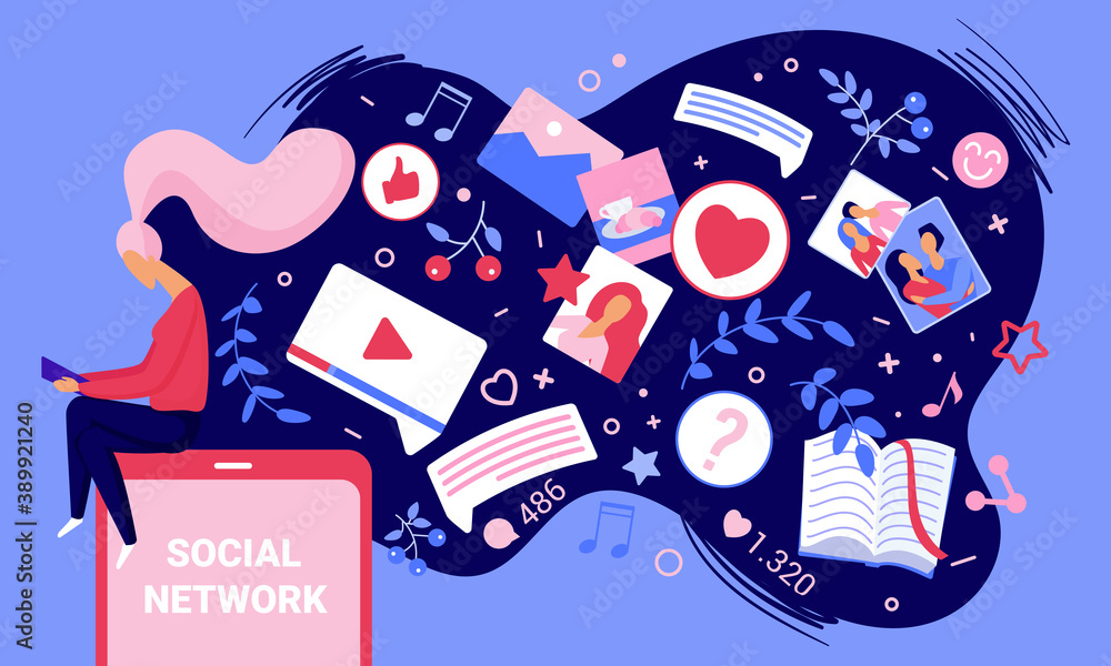 Aufkleber Social network content marketing concept vector illustration. Cartoon user woman networking in social media, creating modern digital video photo creative content, using mobile app services background