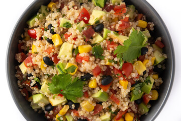 Mexican salad with quinoa in bowl isolated on white background. Close up	