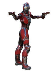 futuristic soldier with guns in a red uniform, 3d illustration