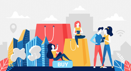 People shopping online concept vector illustration. Cartoon buyer characters buying in online store, using mobile shop app in phone, digital internet commerce technology to buy goods background