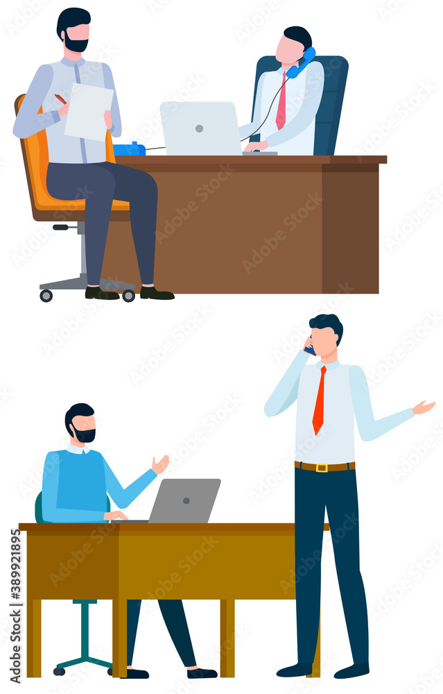 Poster man sitting by table talking to employer vector, isolated set of characters at work. people dealing 