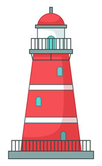 Lighthouse icon isolated at white, navigation building for ships, cartoon vector red lighthouse, beacon s tower with balcony, windows and spire, high building, watchtower, maritime concept, isolated