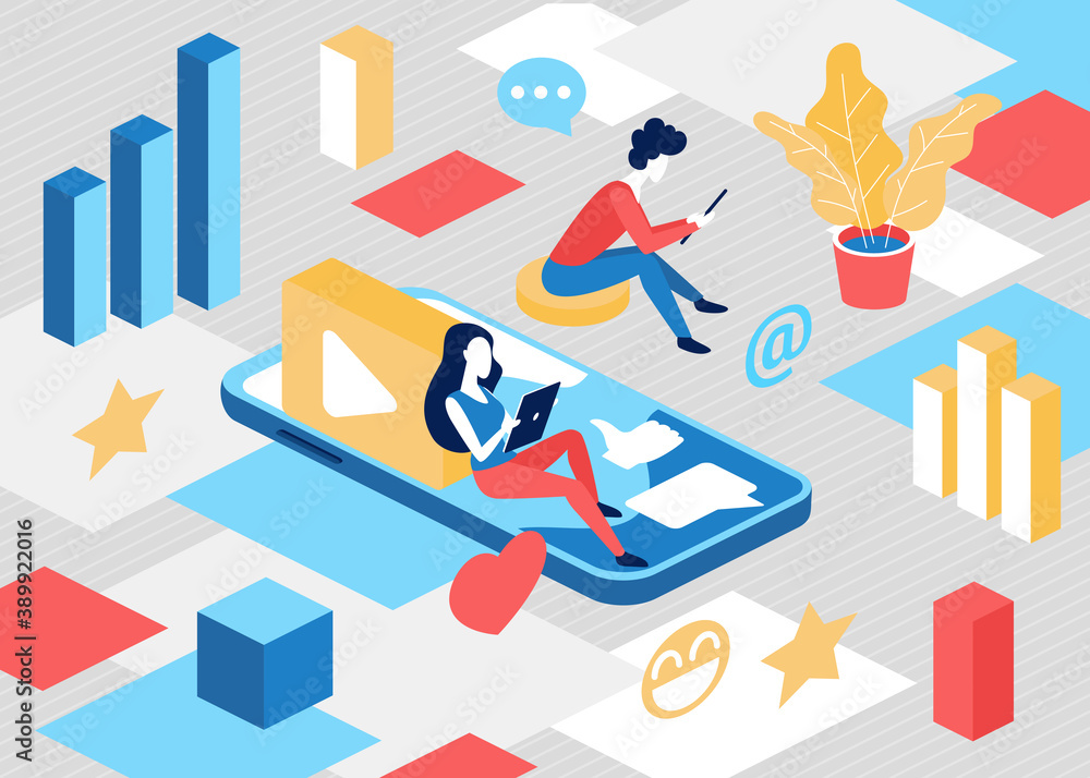 Poster isometric social network communication concept vector illustration. 3d cartoon tiny people sitting o