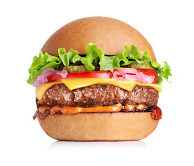single hamburger with cheese isolated on white background