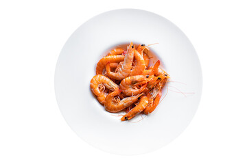 shrimp cooked prawn seafood ready to eat serving on a plate healthy meal snack ingredient top view copy space for text food background rustic diet pescetarian