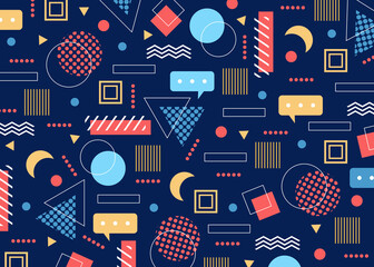 Geometric pattern vector illustration. Abstract modern creative geometry design with elements in various colors, geometric trendy shapes and lines, circles triangles squares moon on blue background