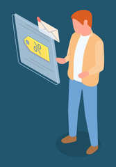 Customer received income message with discount, promotional action, spam message, isometric 3d guy look at email, sale offer at things, goods, clothes, coupon propose to save money, percent symbol