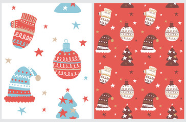 Cute Hand Drawn Christmas Vector Seamless Pattern ideal for Fabric. Scandinavian Style Winter Holiday Print with Starry Christmas Tree, Bauble and Woolen Glove and Cap on a White and Red Background.