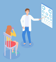 Oculist diagnoses young girl s vision, points to eye test chart. C Chart. Vision Exam. Optometrist Check. Medical Eye Diagnostic. Ophthalmic table for visual examination. Isometric vector illustration