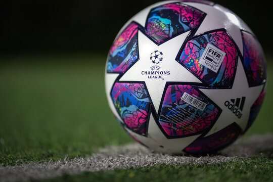 Bangkok / Thailand - Feb 2020 : Adidas launch "Finale UCL Istanbul 20". The new official match ball is using in knockout round until the final match for UEFA champions league 2020. Close-up photo.