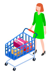 Young red-haired girl in green dress on high heels rolls shopping cart with cardboard packing boxes. Buy goods, online store, parcels, spend money. Woman with shopping basket. E-commerce. Flat image