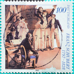 Fototapeta na wymiar GERMANY - CIRCA 1997 : a postage stamp from Germany, showing a portrait of the composer and musician Franz Schubert for his 200th birthday